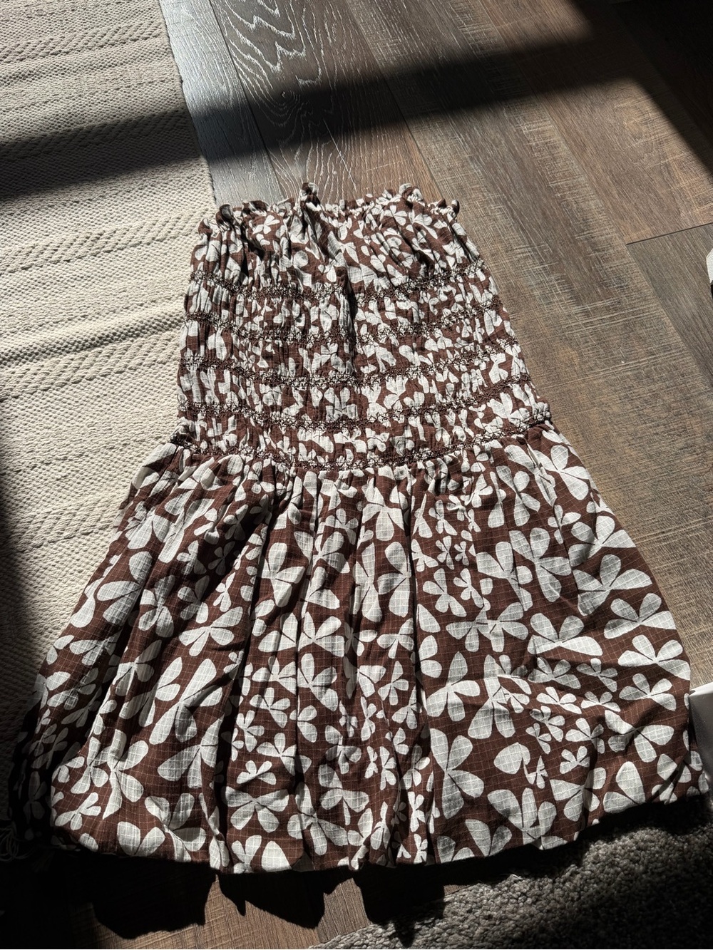 Free people Brown and White Floral Smocked Strapless Dress